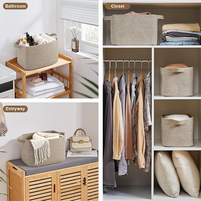 Storage Basket for Organizing, Woven Baskets for Storage, Rectangle Decorative Baskets for Shleves, Closet, Toys, Books, Nursery Organizer Bins - Pack of 3 (Brown, 13"x9.85"x8.7")