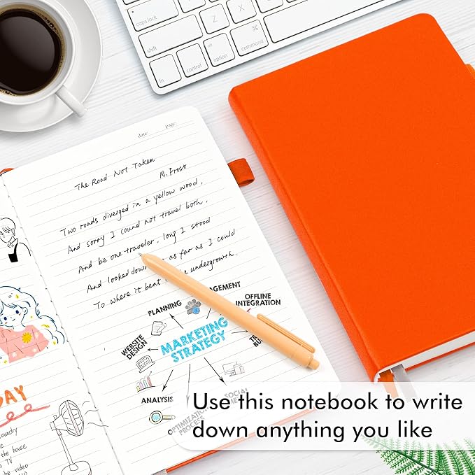 feela 24 Pack Journal Notebook for Work, Business Notebook Bulk Hardcover Lined Writing Journal with Pen Holder for Men Women Note Taking, with 24 Black Pens, 120 GSM, 5.1”x8.3”, A5, Orange