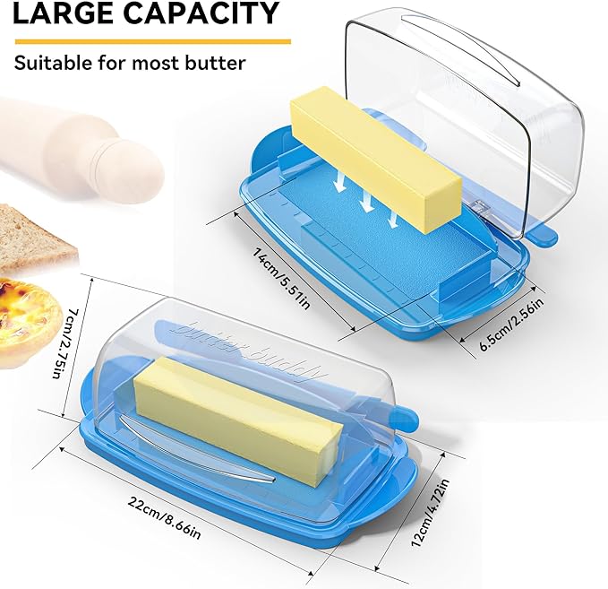 Blue Butter Dishes with Lid for Countertop Refrigerator, Clear Butter Dish Plastic Flip Top Lid Butter Container with Spreader, Non-Slip Bottom Butter Holder Keeper (Transparent Cover Blue)