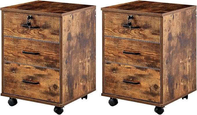 TUKAILAi Mobile File Cabinet with 3 Drawers, Lockable Storage Unit Wooden Rolling Office Filing Cabinet with Wheels, for Legal/Letter/A4 Sized Documents Home Office (Rustic Brown 2PCS)