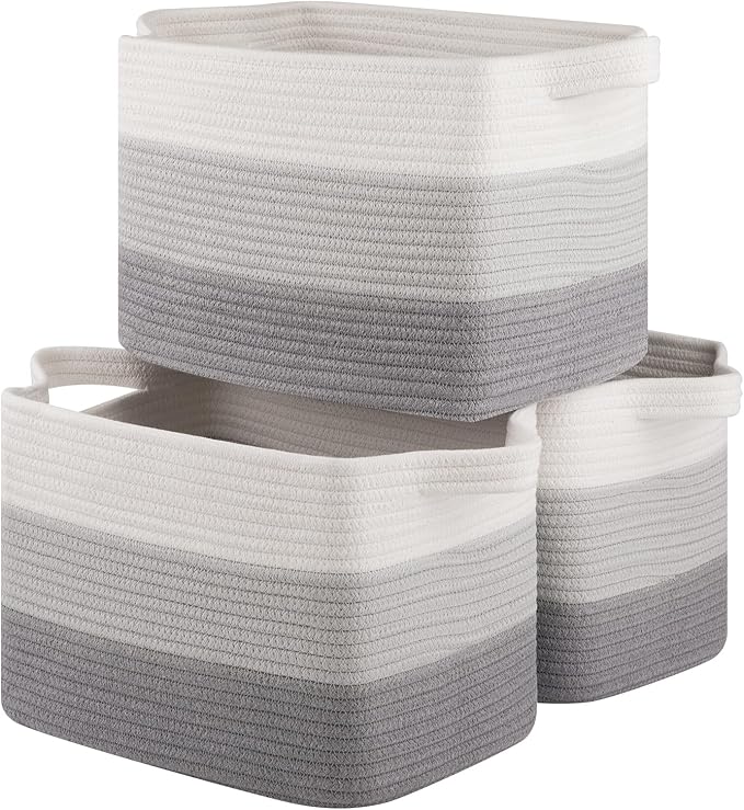 Storage Basket for Organizing, Woven Baskets for Storage, Rectangle Decorative Baskets for Shleves, Closet, Toys, Books, Nursery Organizer Bins - Pack of 3 (Gradient Gray, 15.75"x11.8"x9.85")