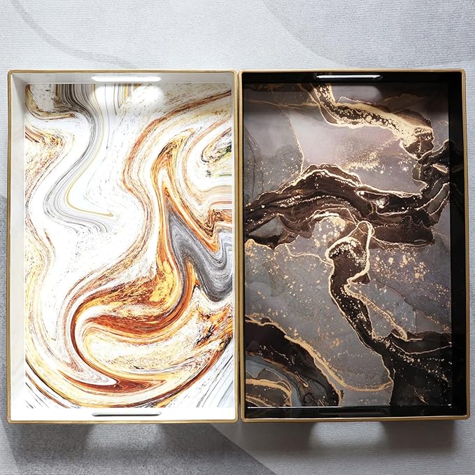 Black Marbling Decorative Tray with Handles, Morden Plastic Rectangular Serving Tray for Coffee Table Bathroom, Ottoman, Home Decor, 15.7"* 10.2"* 1.38"