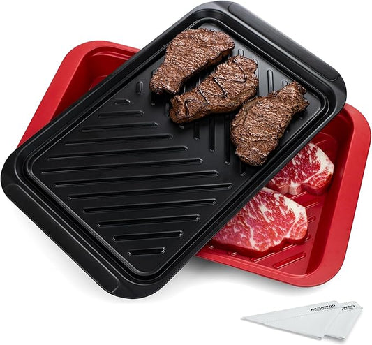KAQAHIDO Grilling Deep Prep and Serve Trays, BBQ Platter for Raw Meat Marinating and Finished Cooked Food, Melamine Serving Tray, Set of 2, Cleaning Pack Included