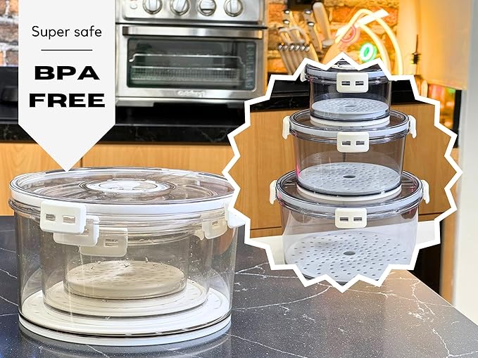 Lettuce Keeper for Refrigerator with Lids Lettuce Crisper 3-Piece Set Date Chronograph Airtight BPA-Free Removable Drain Tray and Air Vents