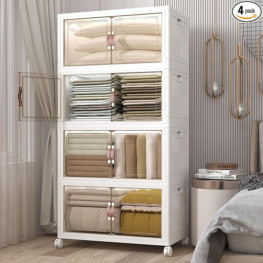 Extra Large Stackable Storage Bins with Lids & Wheels, Foldable Collapsible Closet Organizers Storage Cabinet with Doors for Bedroom Dorm (White, 672QT-168QT/42GAL*4Pack)