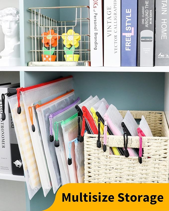 Smarpau 20pcs Mesh Zipper Pouch, 8 Sizes Plastic Zipper Pouches for Organizing, 8 Colors Waterproof Plastic Document Bags for Board Game Storage, Travel, Office Supplies