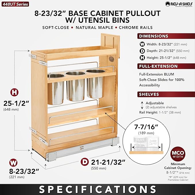 Rev-A-Shelf 8" Pull Out Storage Organizer for Base Kitchen Cabinets w/ Soft-Close, Sliding Shelves for Utilities, Utensils or Spices, 448UT-BCSC-8C