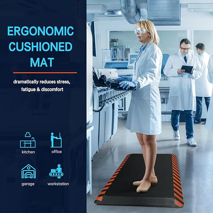 FEATOL Anti Fatigue Mats Industrial 2 Packs, Ergonomic Standing Floor Mat for Work for Stand, Black with Orange Border Safety 20" x 32"-Support for Leg & Back Pain
