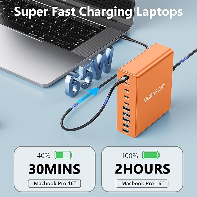 320W USB C Charger Block, 10-Port USB C Charging Station GaN III PD 65W Laptop Fast Charger Adapter for MacBook Pro/Air, DELL, iPad, iPhone, Samsung Galaxy (Orange)