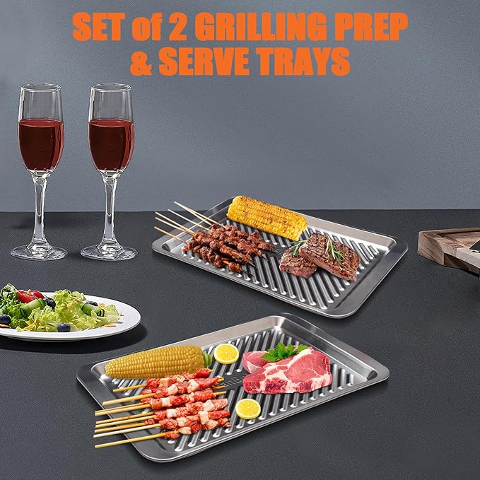 Grilling Prep and Serve Trays Set of 2 Stackable Stainless Steel BBQ Trays Marinating Tray Food Serving Platter for Cooked and Raw Meat BBQ Prep Tub Dishwasher Safe