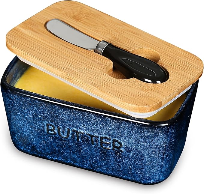 Ceramic Butter Dish Keeper Container - Vicrays Porcelain Airtight Lid Butter Container with Knife for Countertop - Large Butter Keeper Crock for West or East Coast Butter - Blue