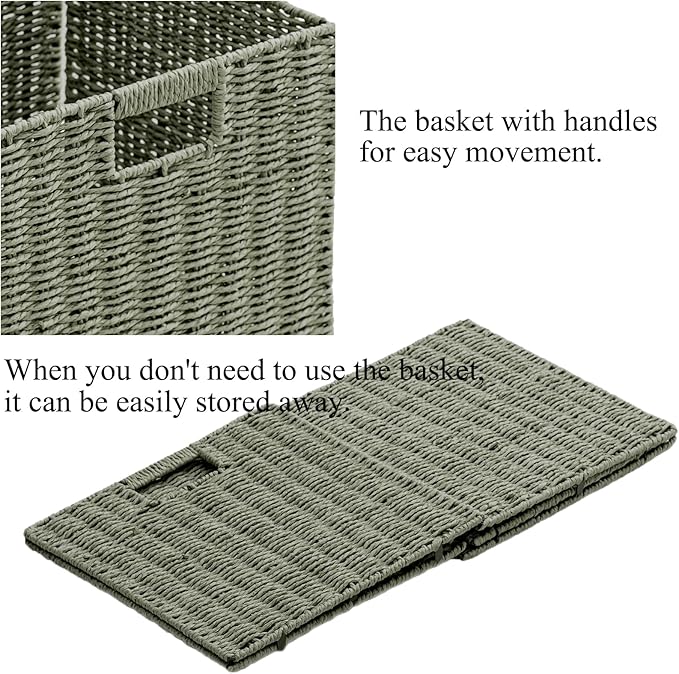 Handwoven Paper Woven Cube Basket Organizer with Handles set of 4 Foldable Storage baskets for Bedroom Living Room Cubby Storage Units for Clothes Books Toys (Green, 13" L x 13" W x 13" H)