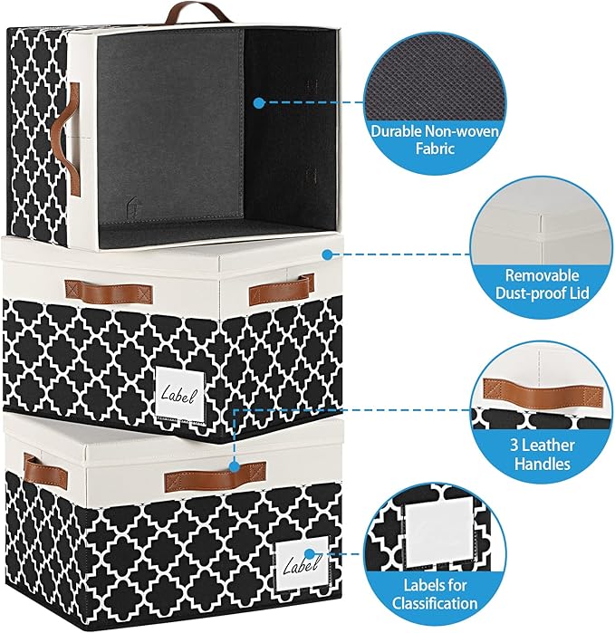 GhvyenntteS Extra Large Storage Bins with Lids, Foldable Fabric Storage Boxes with Lids and 3 Handles, Storage Baskets with Label Window (3 Pack, White&Lattice Black, 15.75x11.8x10.2)