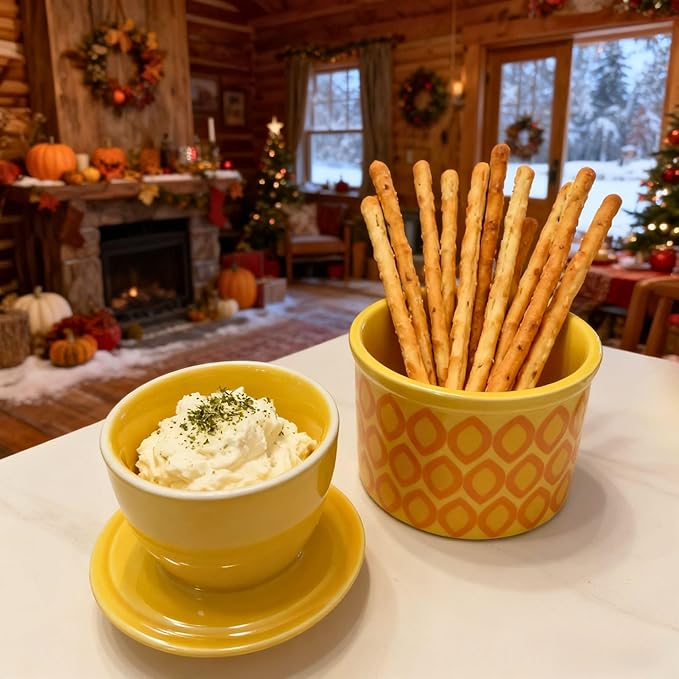 Butter Crock with Lid for Countertop, Butter Keeper Crock with Water, French Butter Dish Ceramic, Butter Holder with Lid for Spreadable Butter, Butter Container for Counter (Yellow Ovals)