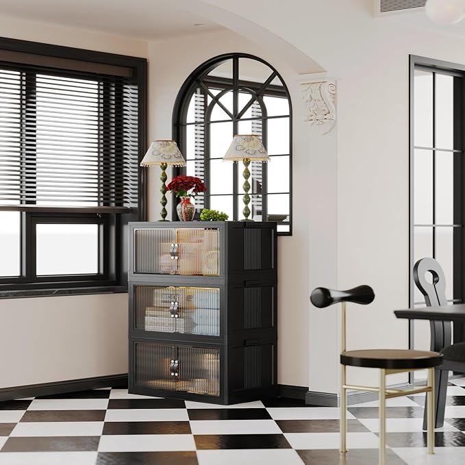 SAILUN 87Gal/348Qt Stackable Storage Bins Folding Collapsible Storage Bins with Lid, Closet Organizers and Storage, Black 26" W x 17" D x 43.7" H