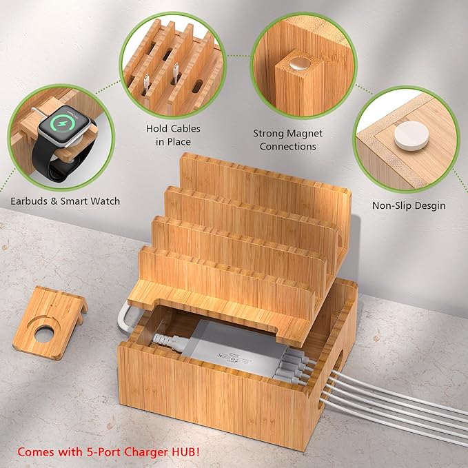 Pezin & Hulin Bamboo Charging Stations, Cell Phone Organizer for Multiple Devices, Tablets, Smart Watch, Included 5 Port USB Charger, Pack 5 Cables