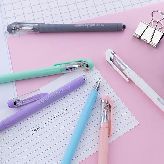 BAZIC Oil Gel Fuse Tech Ink Pen, GR8 Dazzle Black Ink w/Rubberized Barrel, 0.7 mm Medium Point Smooth Writing, for Office School (3/Pack), 6-Pack