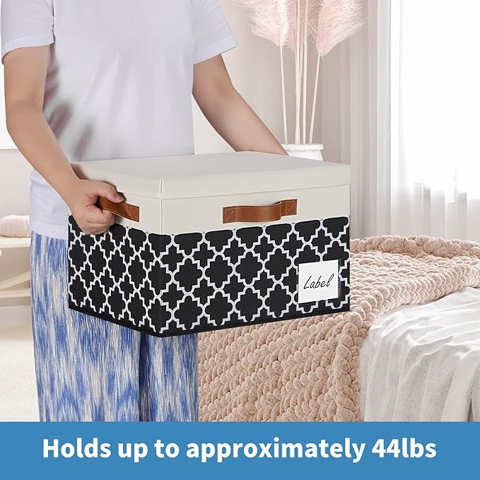 GhvyenntteS Fabric Storage Bins with Lids 3 Pack, Foldable Fabric Storage Boxes with Lids and 3 Handles, Sturdy Closet Organizers and Storage Bins with Label Window for Home (White&Lattice Black)