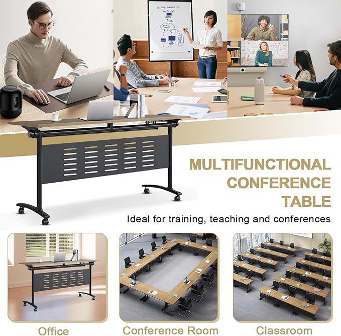Folding Conference Table - Modular Conference Room Tables Foldable & Stackable Boardroom Table with Casters | Large Rectangle Office Meeting Table for Training Rooms (6PCS-55.1in)