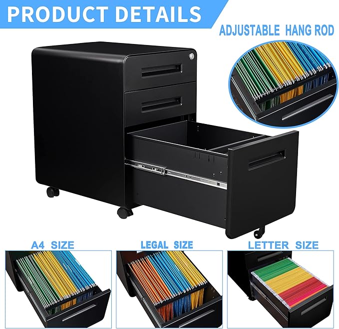 Letaya File Cabinet, 3 Drawer Filing Cabinets for Home Office with Lock Mobile Under Desk Fully Assembled Cabinet (Black)