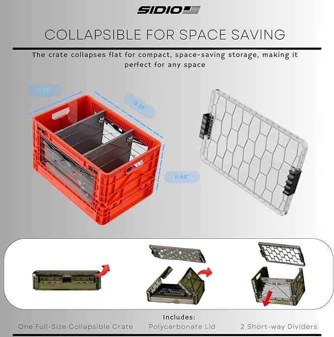 Full-Size Collapsible Crate - Heavy Duty Stackable Storage Bin with Lid & 2 Short-Ways Dividers, Durable Plastic Organizer for Home, Office, Garage & Outdoor Use (White)