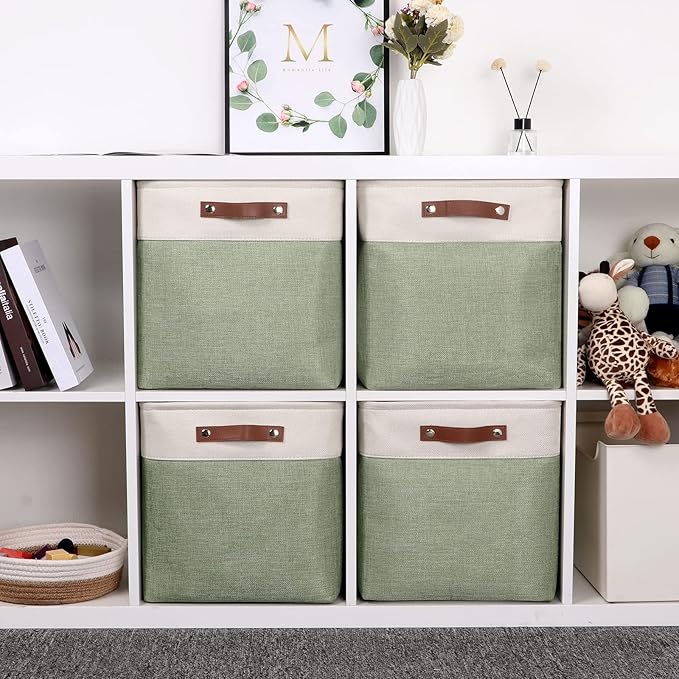 Temary Cube Storage Baskets for Shelves 4pack Fabric Storage Basket for Organizing Clothes, 13 Inch Storage Cubes with Leather Handles, Closet Baskets (White&Green)