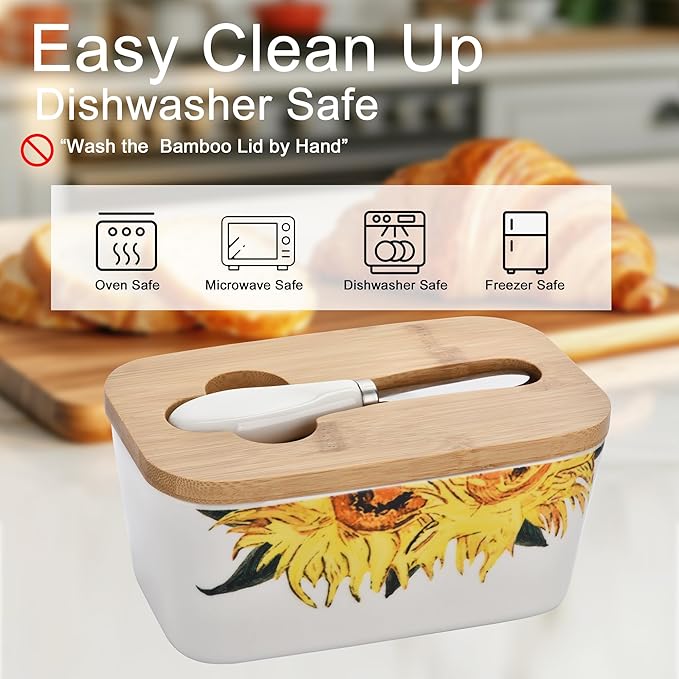 Pretty Sunflower Large Butter Dish with Lid for Countertop,Ceramic Covered Butter Holder with Knife for Fridge, Airtight Butter Keeper Container Storage for East West Coast Butter,White