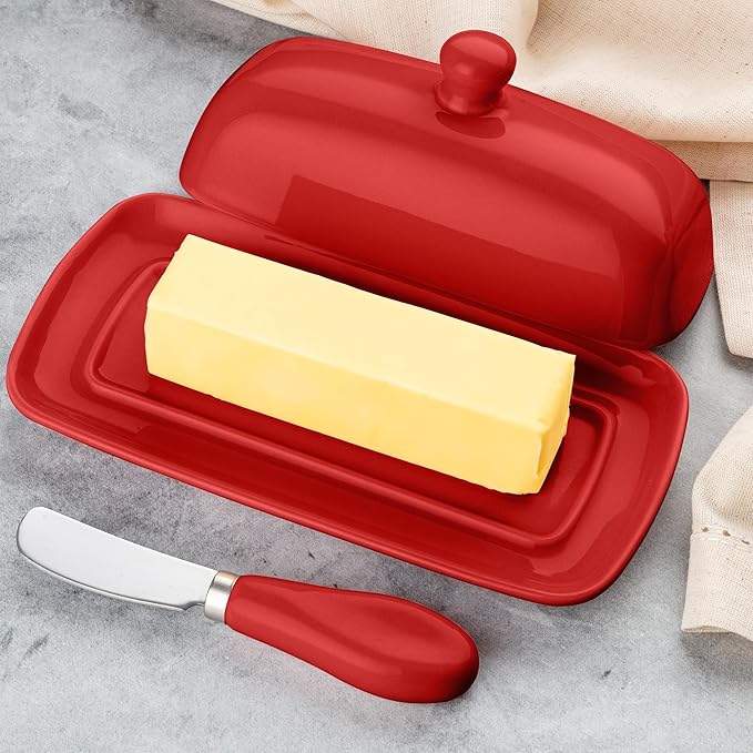 Zulay Kitchen Butter Dish With Lid For Countertop - Porcelain White, Ceramic Butter Dish with Knob Handle Great for Cooking - Elegant Design Butter Holder - Durable & Sturdy Butter Keeper - Red