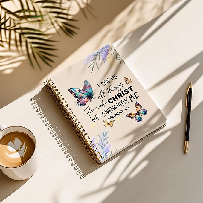 Bible Notebook, A5 Spiral Christian Journal Butterfly Notebook, Bible Verse-I Can Do All Things Through Christ Who Strengthens Me, Inspirational Notebooks for Women, Gift for Birthday Christmas