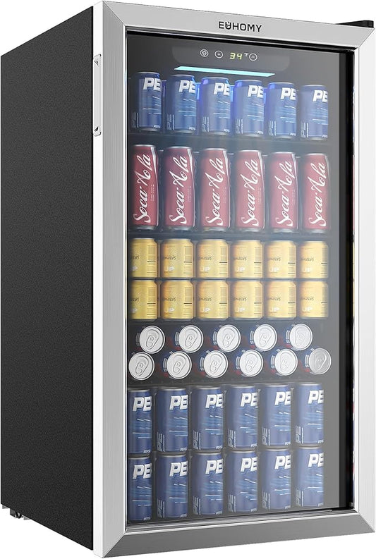 EUHOMY Beverage Refrigerator Cooler, 130 Can Mini Fridge with Glass Door for Soda Beer or Wine, Beverage Cooler for Home, Office, Bar with Adjustable Removable Shelves, Silver