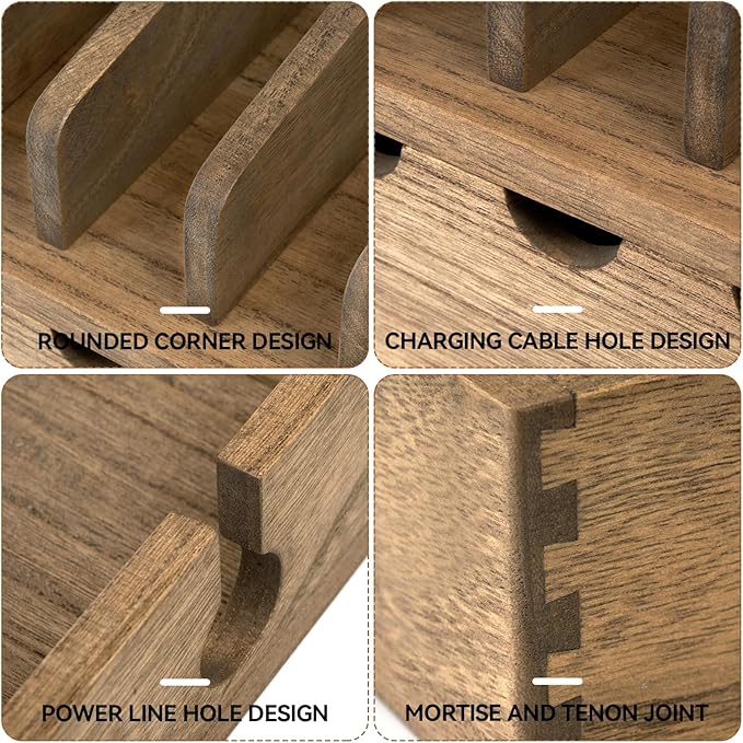 KIRIGEN Wood Charging Station Rack Organizer for Multiple Devices Desktop Organizer with 5 Ports for Cell Phones, Tablets, Earphones Wooden Cable Management DDXH-DBR