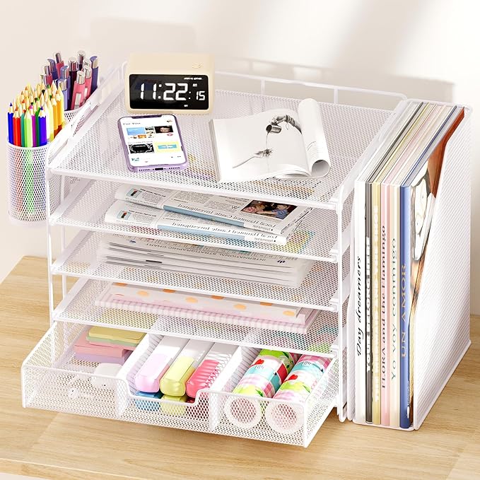 Desk Organizers and Accessories, 5-Tier Paper File Organizer with Drawer & Pen Holder, Office Desk Accessories Workspace Desktop Organizer for Office Supplies (White)