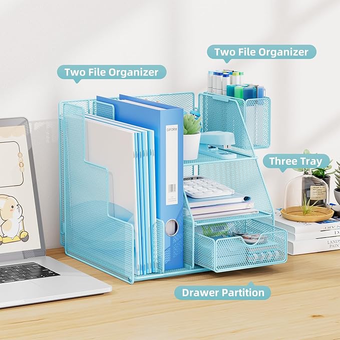 Marbrasse Desk Organizer and Accessories, 3-Tier File Organizer with Drawer and Pen Holder, Small Desktop Organizer and Storage for Workspace Office Supplies Blue