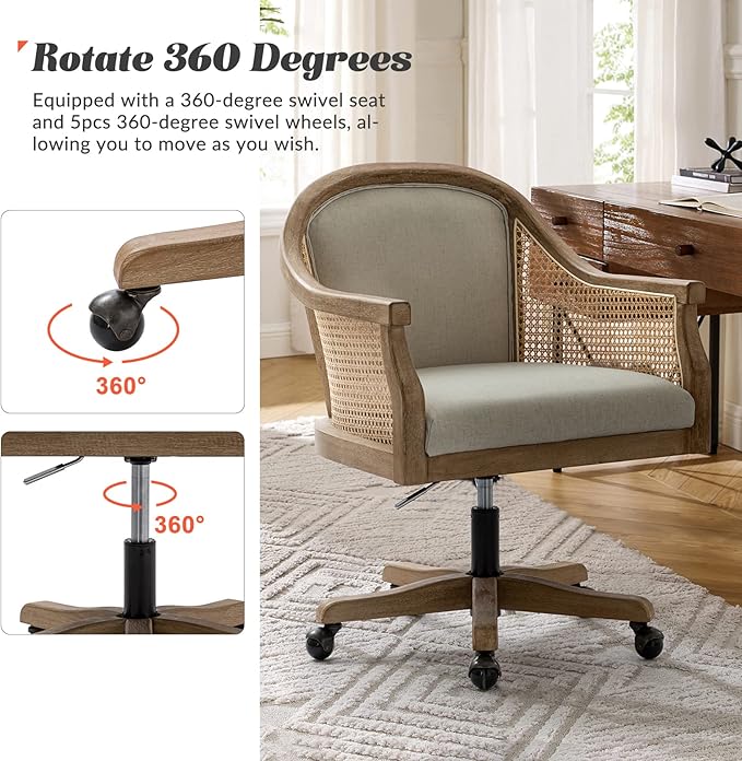 HULALA HOME Rattan Desk Chair, Upholstered Home Office Chair, Vintage Office Chair with Armrest, Adjustable Swivel Rolling Height Task Chair for Living Room Bedroom Study Room, Linen