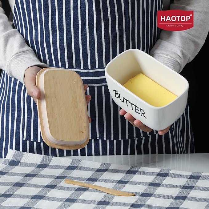 HAOTOP Large Porcelain Butter Dish with Lid Perfect for 4 Stick of Butter (White)
