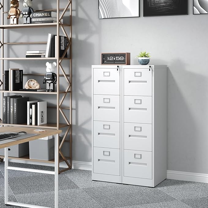 4 Drawer File Cabinet with Lock, Metal Vertical Filing Storage Cabinet for Home Office, Steel Vertical File Cabinets for A4 Legal/Letter Folders,Silent Sliding Drawers, Assembly Required (White)