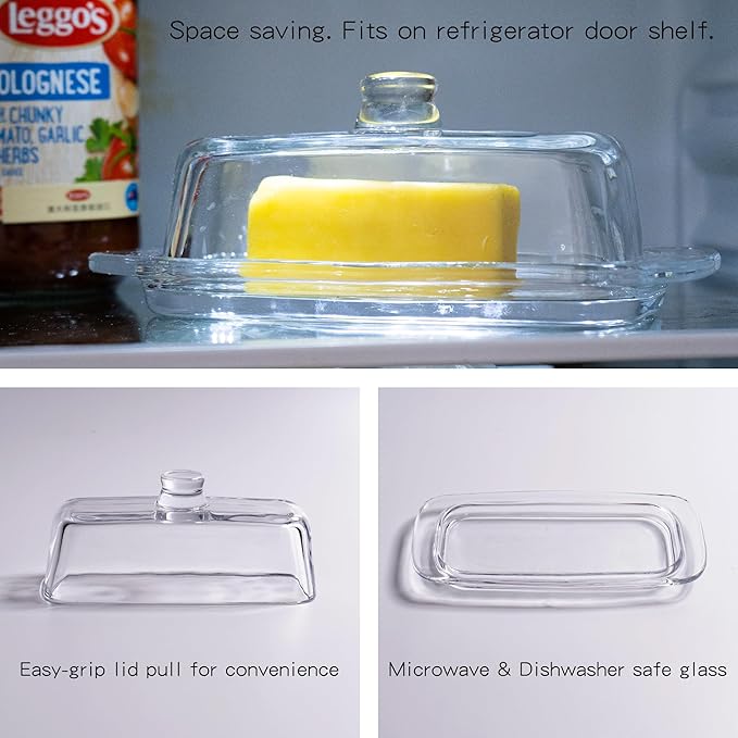 Glass Butter Dish with Cover, Clear Crystal Butter Holder Tray with Lid for Countertop Refrigerator