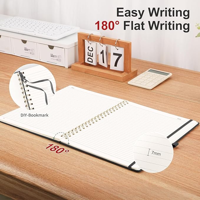 AHGXG Lined Spiral Notebook 8.5" x 11", A4 Large Notebooks for Women Men, Hardcover Leather Notebook College Ruled, 100 GSM Thick Paper, Notebooks for Work School Note Taking Writing, Black