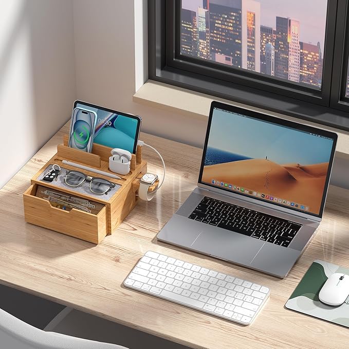 Multi-Device Charging Station Dock & Organizer, with Power Supply (5 Ports HUB), and Cables, Bedside Docking Station with Drawer Compartment -Natural Bamboo