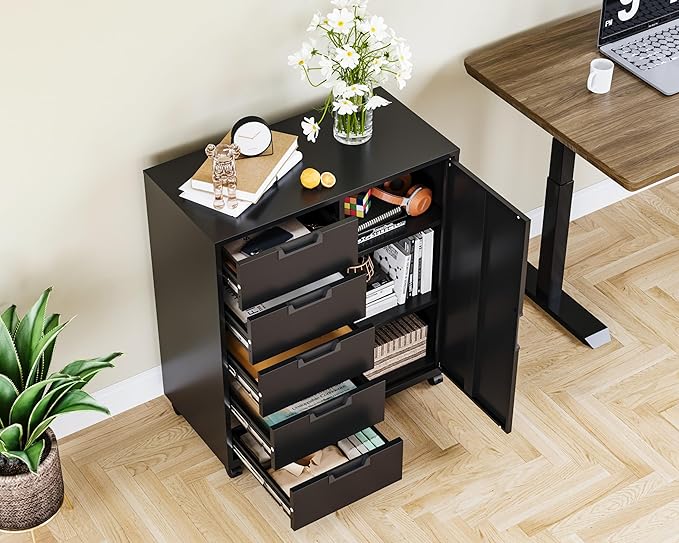 MIIIKO 5 Drawer Storage Cabinet with Door and Shelf, Mobile Lateral Cabinet on Wheels, Office Small Organizer Printer Stand, Black File Cabinets