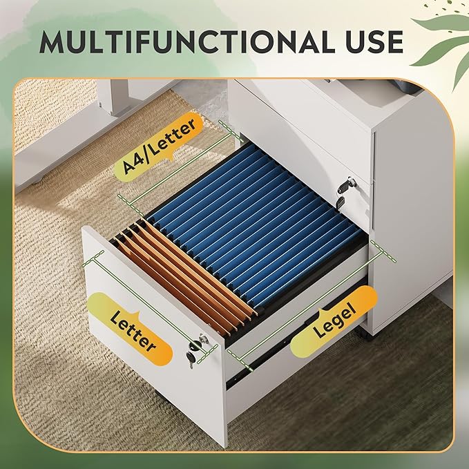 DEVAISE 3 Drawer Rolling File Cabinet with Lock, Wood Under Desk Filing Cabinet fits Letter/Legal/A4 Size for Home Office, White