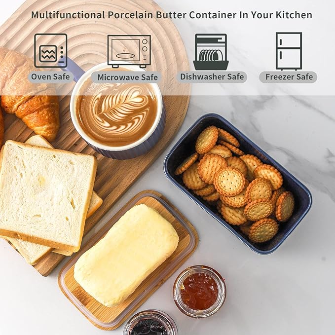Hasense Ceramic Butter Dish with Lid, Large Butter Container for Countertop Airtight Butter Stick Covered Keeper,Navy Blue Embossed Pattern,Easy Clean Dishwasher Safe