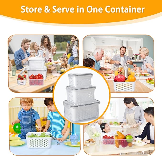 6 PCS Fruit Storage Containers for Fridge with Removable Colanders, Airtight Food Storage Container with Lids, Produce Saver, Leakproof Fridge Organizer Bins for Salad Berry Vegetables Keep Fresh