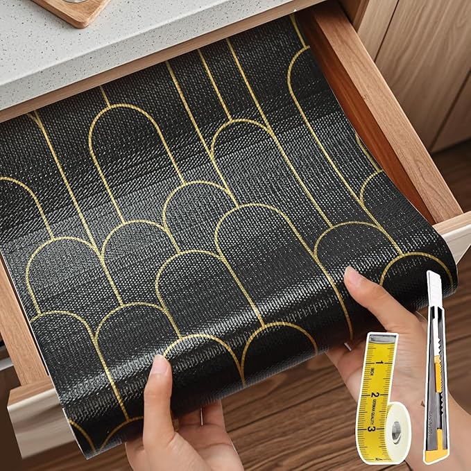 Shelf Liners for Kitchen Cabinets Drawer Liner 23.6in x 20FT Non Adhesive Black Gold Line Thickened Refrigerator Shelf Liner Paper Strong Easy to Clean for Tool Box with Knife and Tape Measure