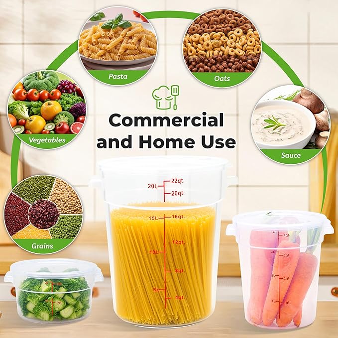 4 Pack Round Food Storage Containers with Lids, 22Qt Large Translucent Food Container, Polypropylene, BPA Free, Includes Labels & Measuring Cups