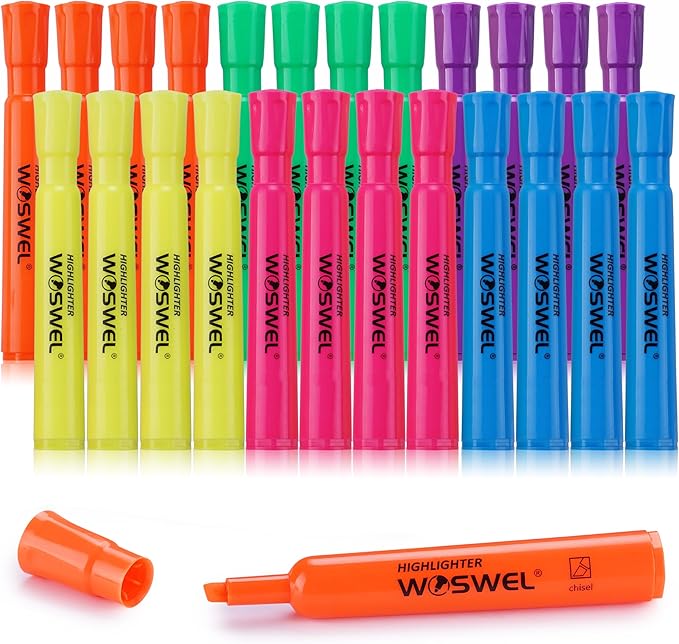 Highlighters Bulk, 24 Pack Tank Style Highlighters Assorted Fluorescent Colors Set, 6 Bright Colors Chisel Tip Highlighter Markers for Kid and Adult Coloring, Highlighting as School Supplies