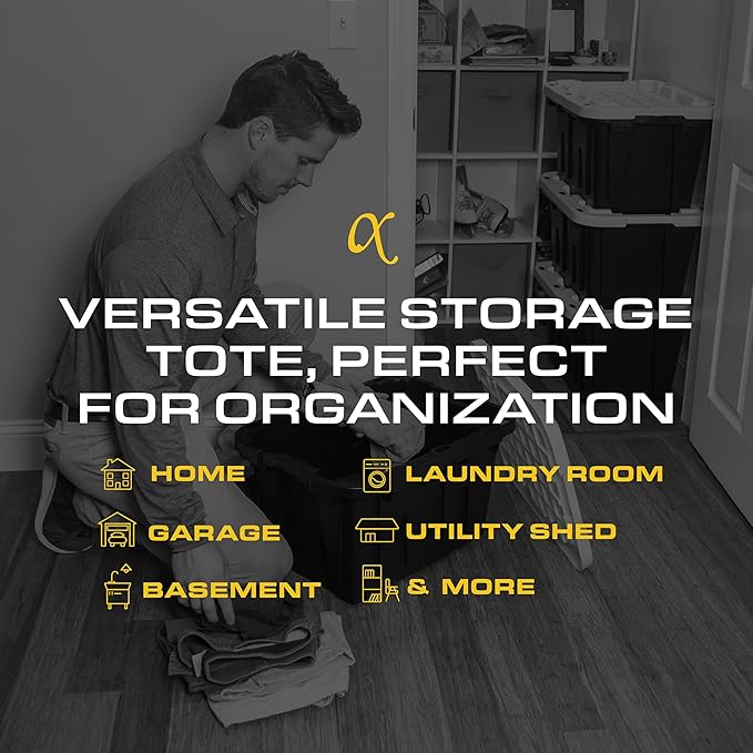 CX BLACK & YELLOW, 12-Gallon Heavy Duty Tough Storage Container & Snap-Tight Lid, (12.51H x 16.3W x 21.8D), Weather-Resistant Design and Stackable Organization Tote [6 Pack]