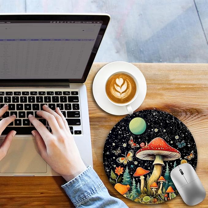 Mushroom Mouse Pad, Round Mouse Pads for Desk, Small Mini Travel Mousepad with Non-Slip Rubber Base for Work Wireless Computer Laptop, Cute Office Desk Accessories, 8.6 x 8.6 inch