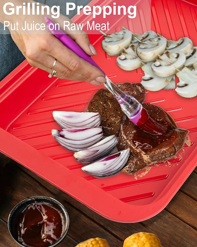 Grilling Prep and Serving Tray with Lid, Bamboo BBQ Deep Trays for Marinating Raw and Cooked Food, Melamine Serving Trays for Food, Black and Red