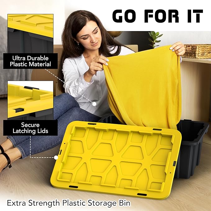 Lifetime Home 8 PACK of Medium 12 Gallon Plastic Storage Bin Tote Organizing Container with Ultra Durable Secure Latching Lids, Stackable, Extra Strength Clear with Built in Handle - Black and Yellow